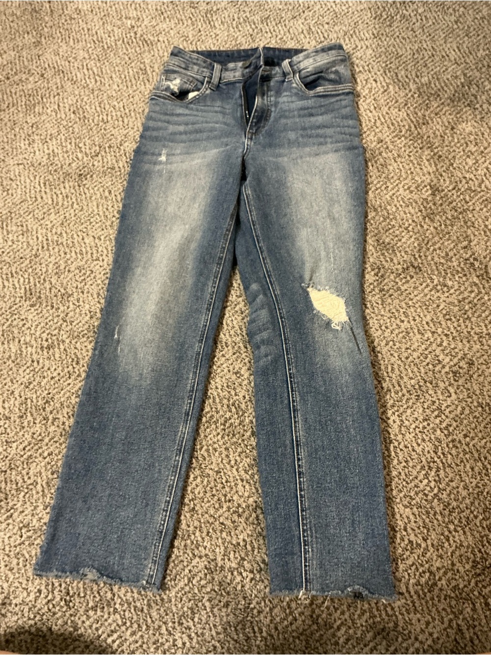 Kut from the Kloth Faded Blue Straight-Leg Jeans with Distressed Detail